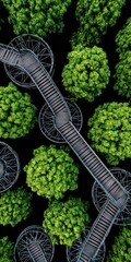 Aerial view of a dark gray metal walkway over lush green trees