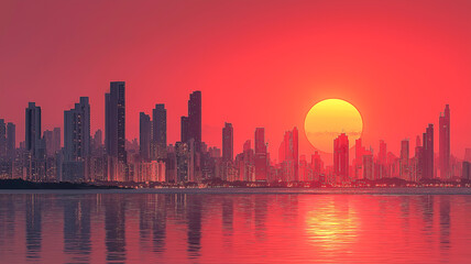 Obraz premium Fiery sunset skyline over modern city reflecting on serene waterscape
