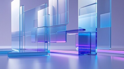 Abstract geometric sculpture with translucent blue and purple glass elements