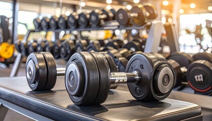 Two 10kg dumbbells resting on a padded gym bench with a full rack in the background—symbolizing strength, discipline, and the quiet intensity of personal fitness in a modern training space.