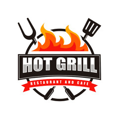 Hot Grill Logo with Fire Flame Spatula Fork