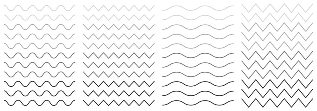 Wavy and zigzag lines pattern with ripples and squiggly strokes. Dynamic serrated curves. Flat vector illustration isolated on white background. Black underlines wavy curve zig zag line pattern.Eps 10