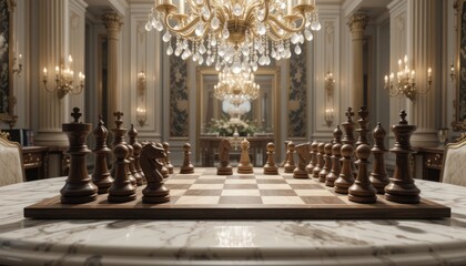 Fototapeta premium Elegant chess game on marble table with chandelier