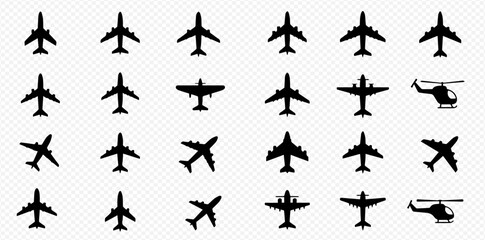 Diverse collection of black silhouette icons depicting various airplanes and helicopters against a transparent background.