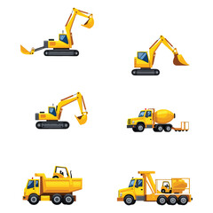 Vector set of construction machines and equipment including trucks, excavators, bulldozers, cranes, and more