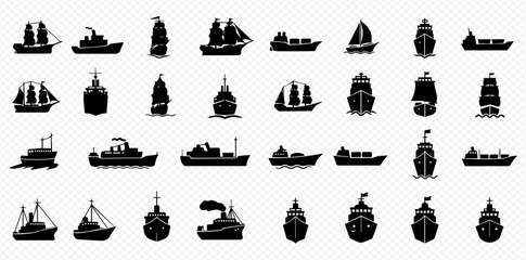 Fototapeta premium A comprehensive collection of black silhouette icons depicting various types of boats and ships from different perspectives on a transparent background.