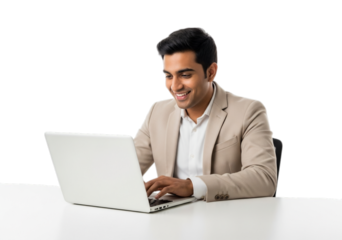 Photo of smiling young businessman working on laptop isolated on transparent background