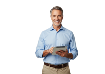 Photo of smiling mature businessman using tablet isolated on transparent background