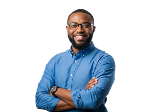 Photo of smiling african american man with glasses isolated on transparent background