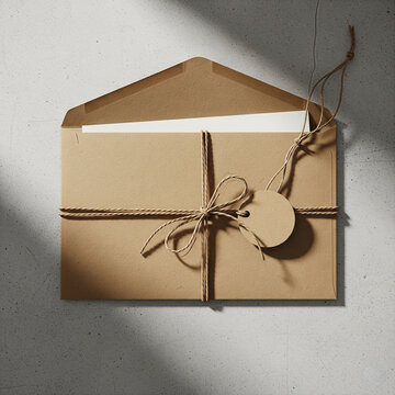 Kraft paper envelope tied with string mockup.