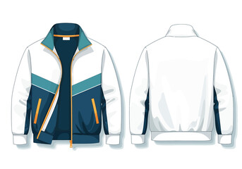 Illustration of a white, blue, and teal track jacket, front partially open, with a back view of the same jacket.