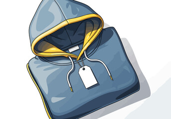 Folded blue hoodie with yellow trim and a blank white tag, presented in a stylized, illustrative format.