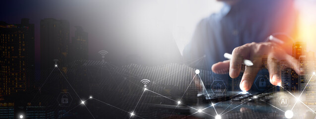 Global financial investment concept with businessman analyzing data for economy, banking, and technology