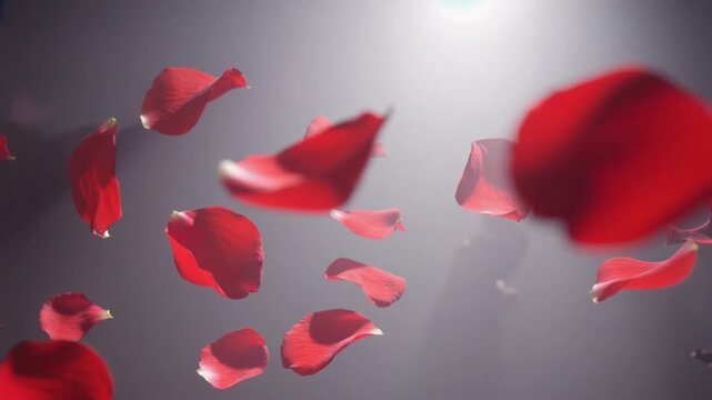 Red rose petals drift down slowly, soft focus, romantic cinematic lighting 