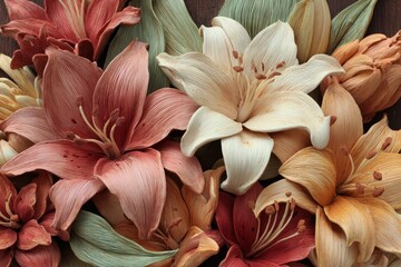 A close-up view of a vibrant arrangement of sculpted lilies, showcasing detailed textures and warm, natural color tones.