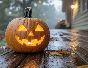 Spooky Jack-o’-Lantern with Candlelight on Rain-Soaked Porch at Night