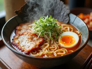 Authentic Ramen Bowl with Toppings: A steaming hot bowl of Japanese ramen with noodles, pork, egg, and flavorful broth close-up.