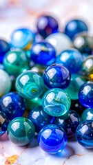 A close-up of a pile of colorful glass marbles