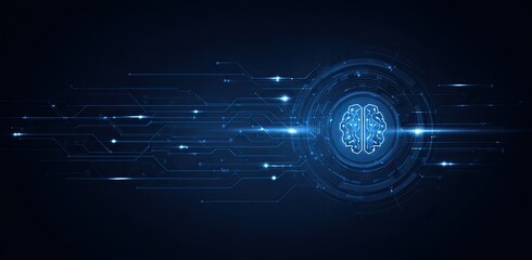 Futuristic circuit board design with a central brain icon