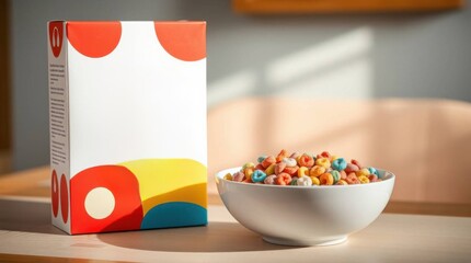 Unbranded white cereal box with a bowl of colorful loop cereal
