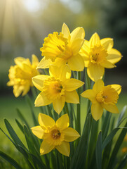 Obraz premium Bright yellow daffodils blooming in spring sunlight