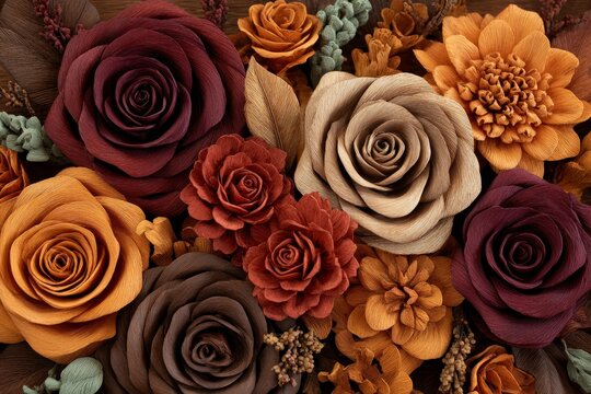 A close-up view of a vibrant arrangement of sculpted paper flowers, featuring rich autumnal hues of burgundy, burnt orange, and beige, in a textured floral display.