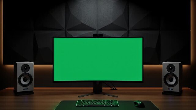 Modern computer setup with a green screen monitor, speakers, and keyboard in a dark room with backlighting.