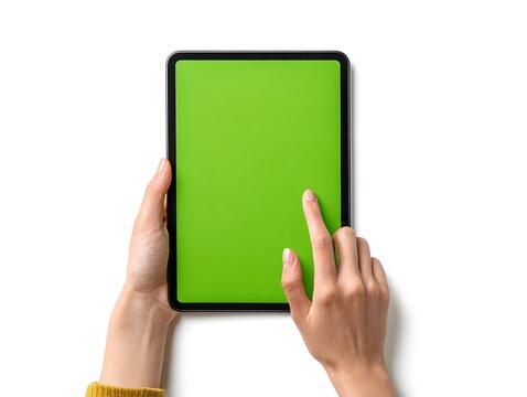 Woman interacts with a green screen tablet against a white background in an overhead studio shot setup.