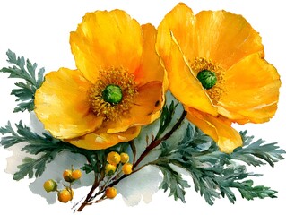 Two beautiful yellow poppy flowers with green centers are arranged with gray foliage in watercolor painting.