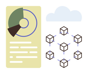 Circular data chart with pie segments beside a connected cube blockchain network under a light blue cloud. Ideal for blockchain, data analysis, cloud computing, technology, networking