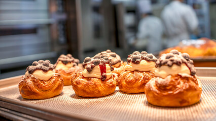 Delicious pastries with cream and berries on top