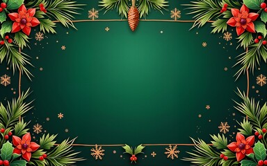 Luxury christmas invitation card art deco design vector. Snowflakes, pine cone, pine leaves, holly line art on green background. Design illustration for cover, greeting card, print, poster, wallpaper.