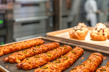 Freshly baked savory pastries with jalapenos in a bakery setting