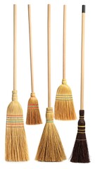 Five different brooms arranged on a white background