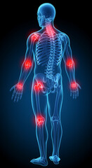 Human skeletal system with highlighted joints and pain areas, medical illustration depicting health and anatomy