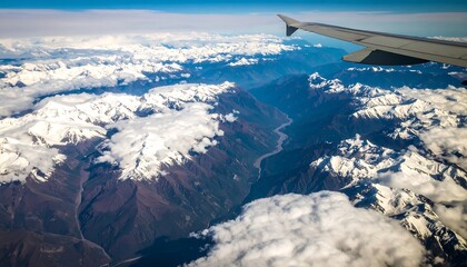 A breathtaking aerial view of snow-capped mountain ranges, valleys, and clouds, captured from an airplane window.