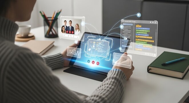 Professional Interacting with Futuristic Holographic Interfaces on Tablet, Featuring Virtual Meeting and Data Visualization