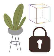 Potted plant on metal stand, colorful geometric cube, and padlock suggest concepts of growth, clarity, and security. Ideal for business, creativity, protection, simplicity modern design strategy