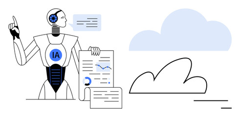 AI robot presenting data, analytical charts, and reports beside abstract cloud graphics. Ideal for technology, AI, innovation, automation, cloud computing, data analysis simple landing page