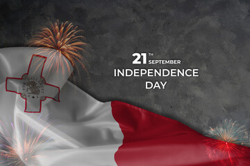 Malta independence day greetings card with flag and fireworks