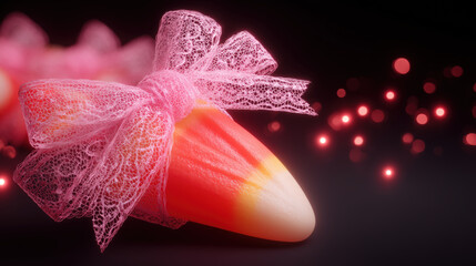 Pink lace bow decorates halloween candy corn with glowing bokeh lights in background creating festive and whimsical mood