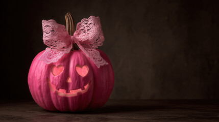 Pink halloween pumpkin with lace bow and heart eyes carved, glowing softly in dark room, festive and cute decoration
