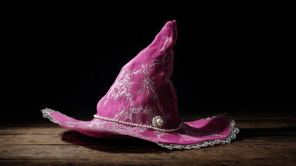 Pink halloween witch hat with lace and pearl decoration on wooden table, mysterious and whimsical festive accessory for costume party
