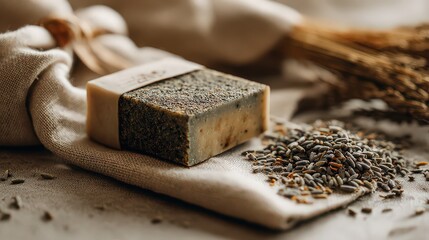 Still life of a bar of soap with lavender seeds on a cloth next to a bundle of dried wheat stalks