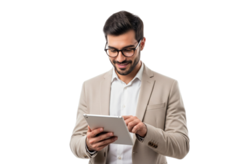 Photo of handsome man in suit using tablet isolated on transparent background