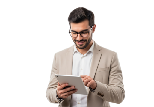 Photo of handsome man in suit using tablet isolated on transparent background