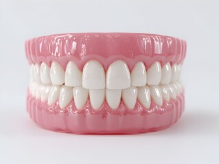 Obraz premium Complete set of dental dentures with white teeth against a plain background is shown in close up view.