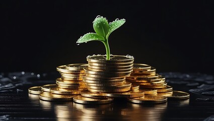 A small green plant sprouts from a stack of gold coins, symbolizing growth, investment, and financial prosperity against a dark background.