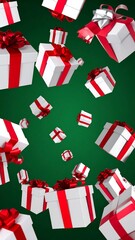 Floating gift boxes, red ribbons, green background