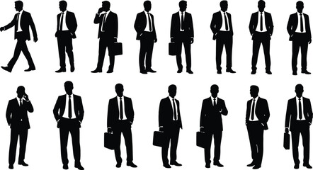 Fifteen businessman silhouettes in various professional poses, vector illustration for corporate leadership, teamwork, communication, office, and business concept themes